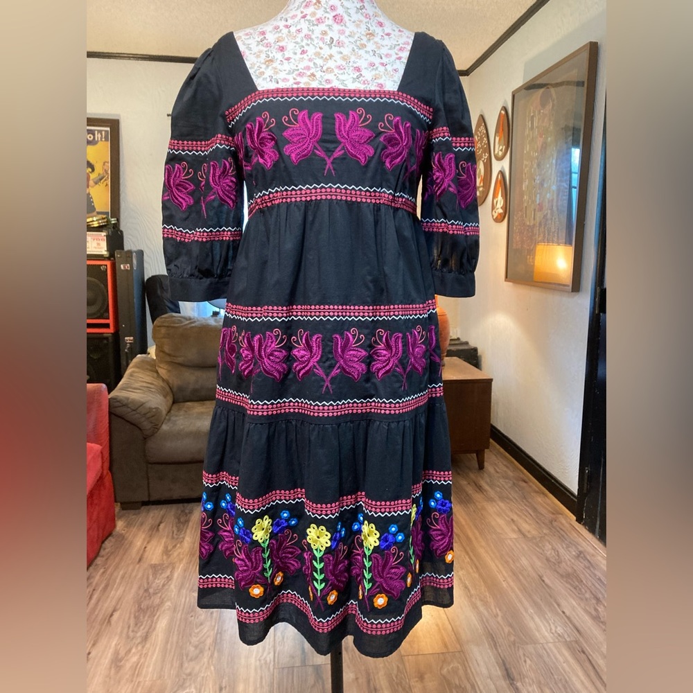 Black mini dress, embroidered flowers, inspired by traditional Mexican dress
